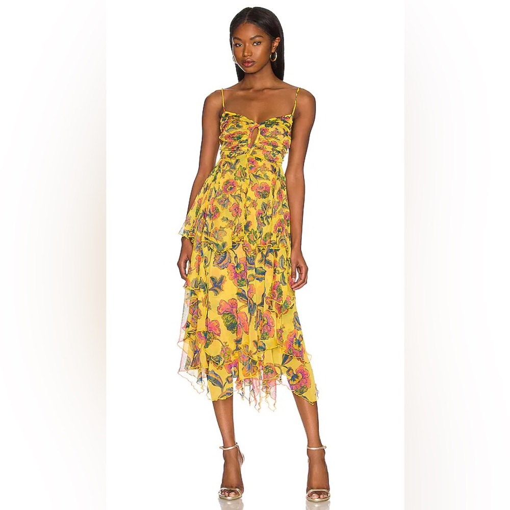 Misa Los Angeles Yellow Floral Ruffled Midi Dress